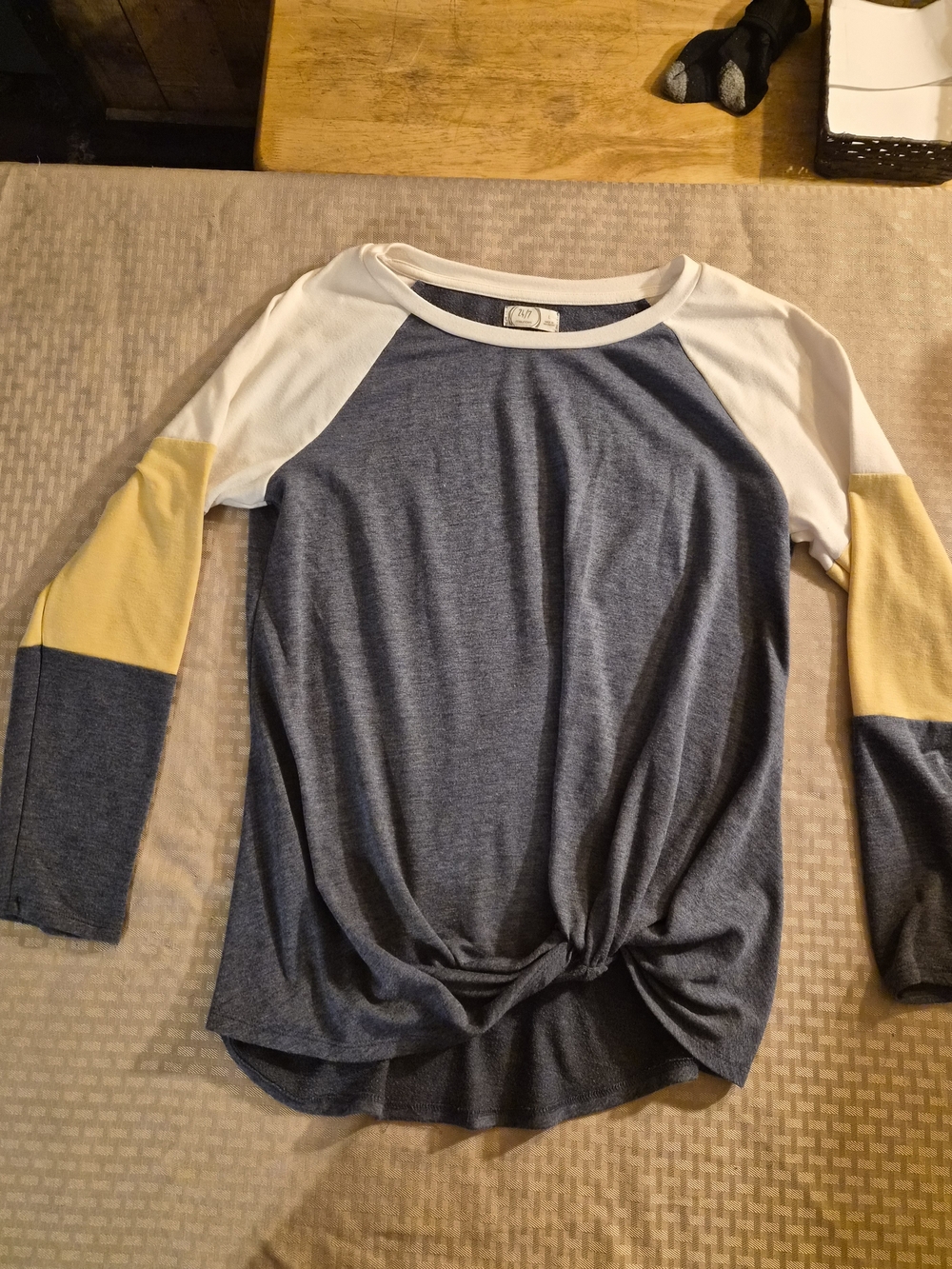 Maurices Raglan Knot-Front Long Sleeve Top in Blue, White & Yellow
